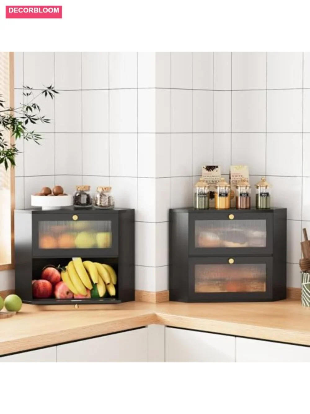 Corner Bamboo Bread Box Double Layer Storage with Transparent Door
